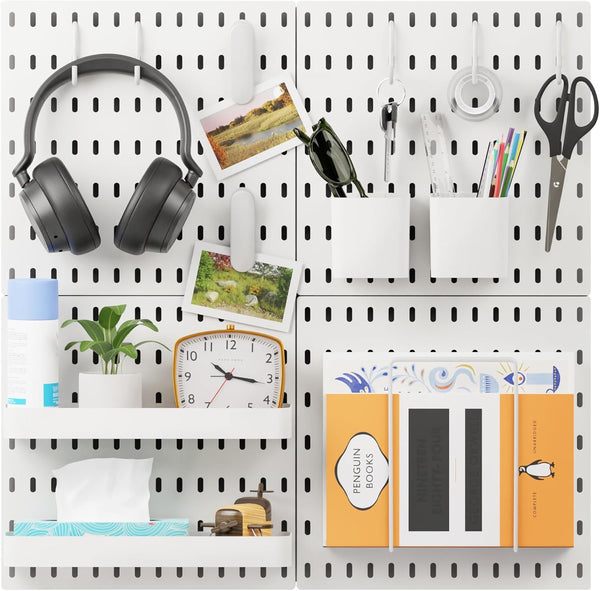 16pcs Plastic White Pegboard Wall Organizer Kits, 4pcs Peg Board and 12 Accessories for Home Office Garage
