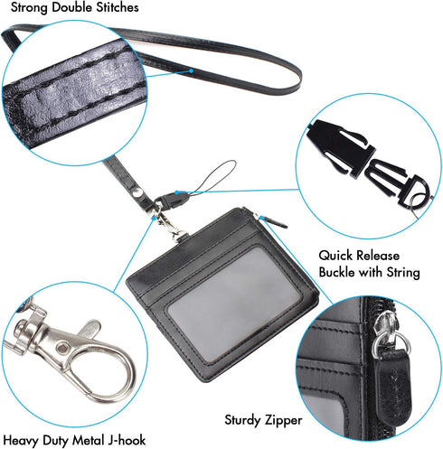 Wisdompro 2-Sided PU Leather ID Badge Holder with Zip, 1 ID Window, 4 Card Slots, 1 Side Zipper Pocket, 20 Inch Lanyard