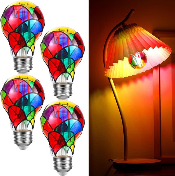 Stained Glass Light Bulb E26 LED, Multicolor Light Bulbs, 6W Vintage Rainbow, Indoor Decoration, 4 Pcs