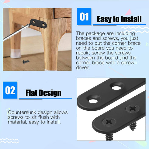 Glarks 134Pcs Black Corner Brace Set, 24Pcs L Shape Bracket, Flat Bracket Metal Joint Plate Fastener with 110Pcs Screws