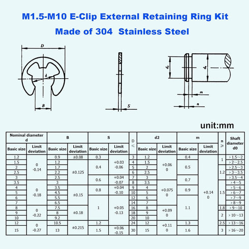 250PCS Stainless Steel E-Clip External Retaining Ring Assortment Set