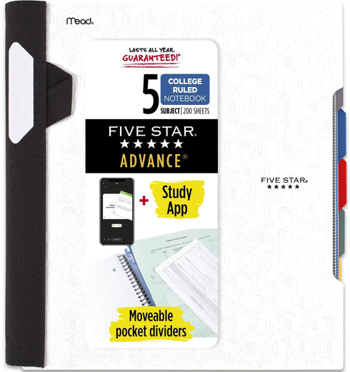 Five Star Spiral Notebook, 5 Subject, 200 Sheets, College Ruled Paper, 8-1/2" x 11", Advance Notebook with Spiral