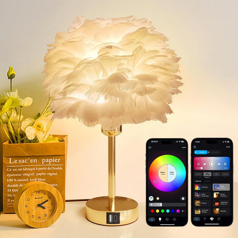 9W 800LM Dimmable Smart Touch Control Bedside Table Feather Lamp Night Light with USB Charging for Girl, Baby, Alexa