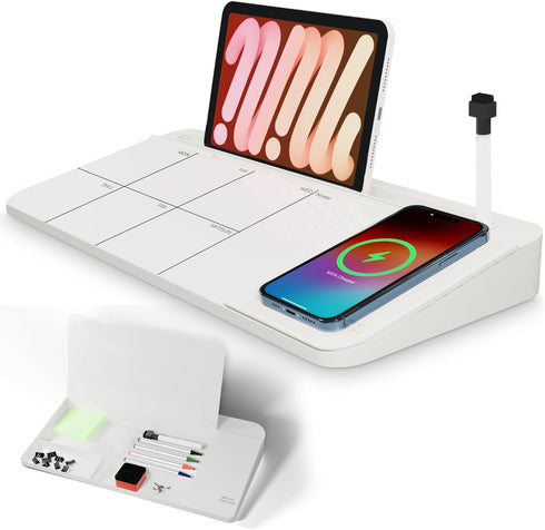 NEXTLUXE Small Glass Desk Whiteboard with Wireless Charger, Weekly Calendar Planner, Dry Erase Computer Pad, Organizer