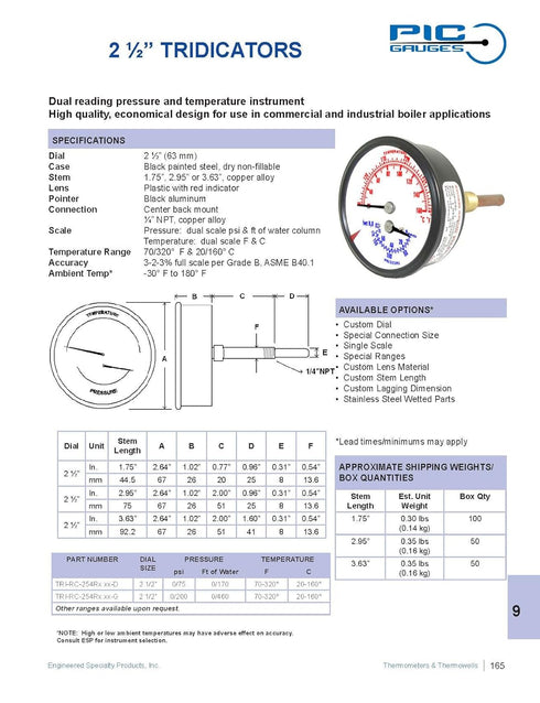 PIC Gauges TRI-RC-254R1.75-D Commercial Tridicator, 2.5" Dial, Black Steel Case, 0/75 psi Range, 1/4" Male NPT