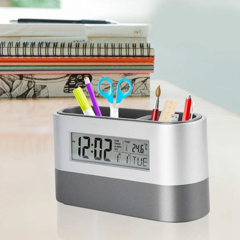 Electronic Pencil Cup, Backlight Calendar Snooze Pen Holder with Digital Screen Alarm for Home Office