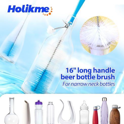 Holikme Tube Straw Brush Cleaning Set, Long Handle Bottle Cleaner for Narrow Neck Beer Bottles, Wine Decanter, Azul