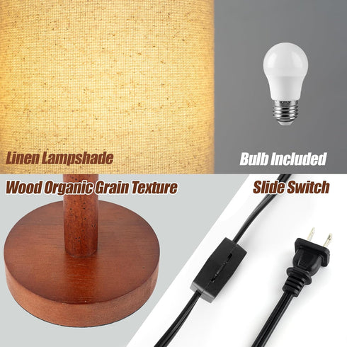 Bulb Wood2) LALISU Small Table Lamp Nightstand Lamp Linen Lampshade Bedroom Wood Base Small Bedside Lamp for Night