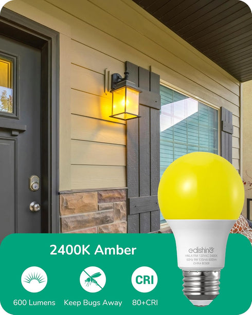 EDISHINE A19 Yellow Light Bulbs, 9W(60W Equivalent), 600LM 2400K Amber Glow Outdoor Bug Light Bulbs, Non-Dimmable, E26 Medium Base, UL Listed, 8 Pack by EDISHINE