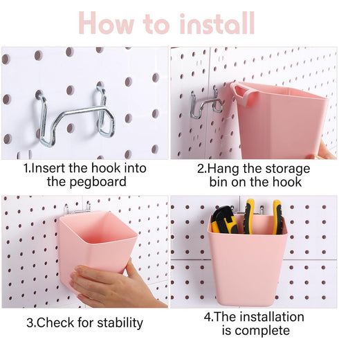 Namalu 12 Pack Peg Board Storage Bins - Square Box Shape with Labels and Hooks for Craft Room Wall Holder, Pink