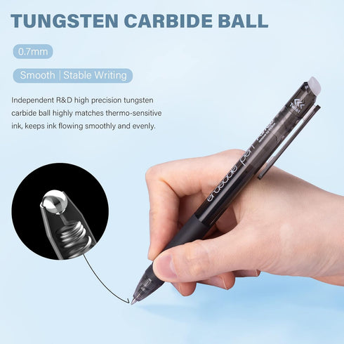 ParKoo 12 Black Ink Retractable Erasable Gel Pens, Fine Point 0.7 mm, Perfect for Drawing, Writing, Planners