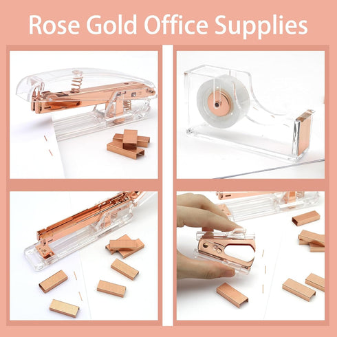 UPIHO Rose Gold Office Supplies Set, Stapler and Tape Dispenser with Clips, Scissors, and Sticky Notes