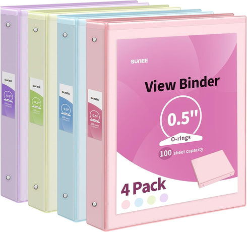 SUNEE 3 Ring Binder 1/2 Inch 4 Pack - Clear View Binder Three Ring PVC-Free (Fit 8.5x11 Inches) for School Binder or