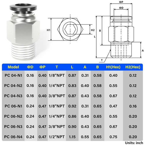 TAILONZ PNEUMATIC Male Straight 4mm Tube OD x 1/8 Inch NPT Thread Push to Connect Fittings PC4-N1 (Pack of 2)