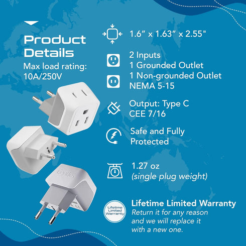 Ceptics European Travel Plug Adapter, Ultra Compact Charger for USA to Type C Countries such as Italy, White