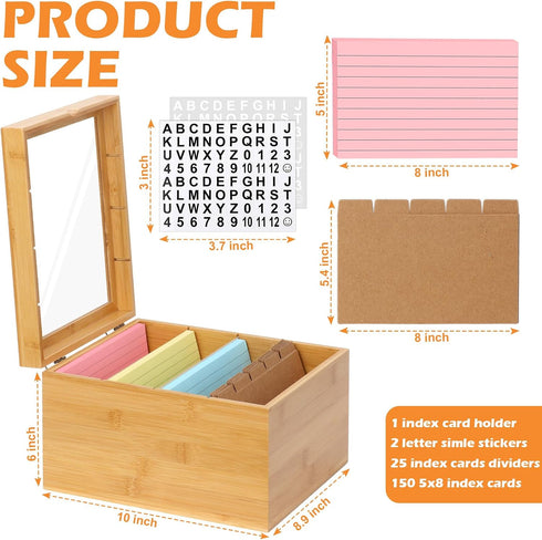 DLUGOPIS 5x8 4 150 25 2 Index Card Holder with Dividers Bamboo Index Card Storage Box Compartments Recipe Card Box