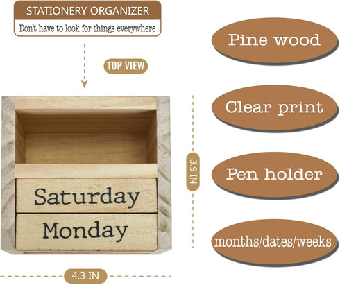 Wooden Blocks Perpetual Calendar with Pen Holder, Natural Pine Wood Desk Organizer