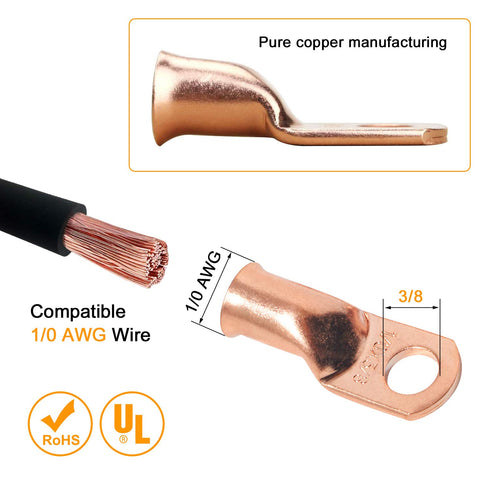 SVAAR 1/0 Copper Lugs, 1/0 AWG-3/8 Ring Lugs, Heavy Duty Closed End Lugs, 10PCS 0 Gauge Lugs + 10PCS Heat Shrink Tube