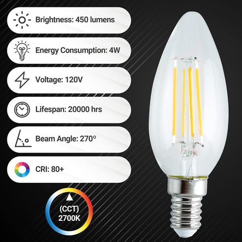 E14 Bulb 4W (40W 2700K 450lm, Non-Dimmable C35/B10 6 Packs BlueStars European Base LED Equivalent), Warm White Torpedo