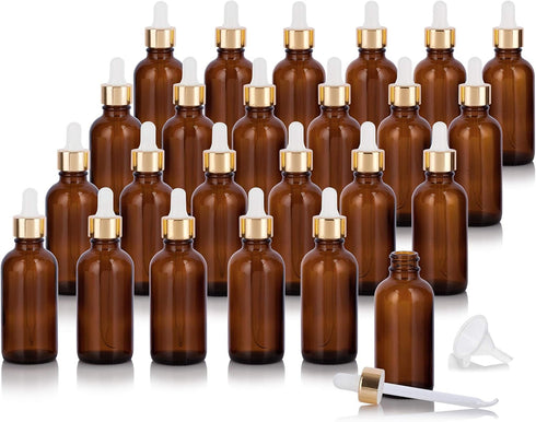JUVITUS 2 oz / 60 ml Amber Glass Boston Round Bottles - 24 Pack with Gold Metal and Glass Dropper