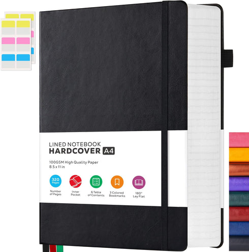 Notebooks College Ruled, A4 (8.5 x 11) Large Journal with 100GSM Lined Paper, 320 Pages, Hardcover Leather, Black