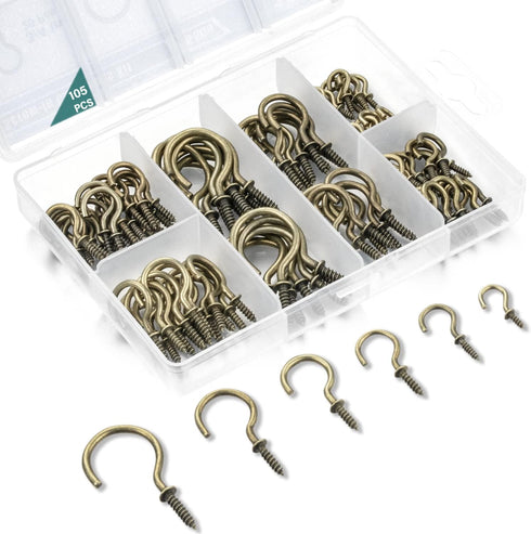 105 Pcs Screw Hooks in 6 Sizes - Bronze Cup Hooks for Hanging, Metal Screw Hooks (1/2" to 1-1/4")