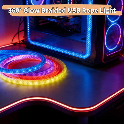 9.84FT/3M 360 IP67 iNextStation LED Strip Lights, Glow Braided Smart IC USB Rope Light, Neon Rope Light with Music