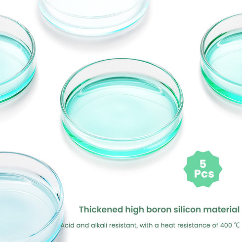 Huanyu 100mm High Borosilicate Glass Petri Dish with Lids, 5pcs Bacterial Culture Dishes for Lab Science
