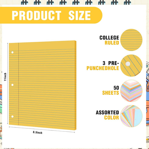 PerKoop 600 Sheets Loose Leaf Paper, 8.5" x 11" Colored Filler Paper, 12 Pack Lined College Ruled Notebook