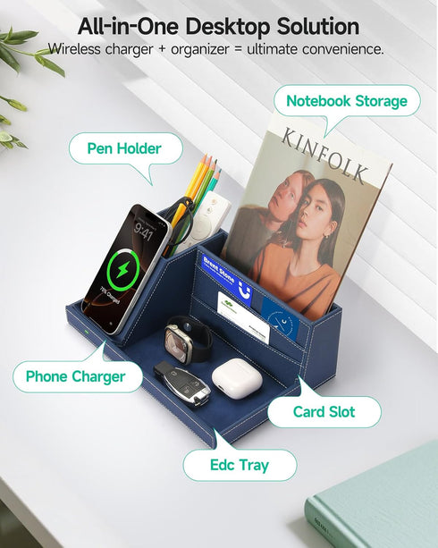 Desk Organizer with Charging Station, Nightstand Organizer Phone Docking Station, Men Gift Husband Wife Anniversary Dad