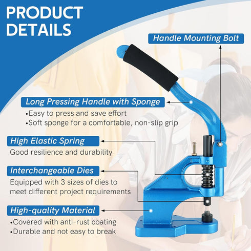 MYFULLY Heavy Duty Hand Press Grommet Machine Kit - Industrial Eyelet Tool with 3 Dies and 1500 Silver Grommets