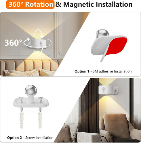 Deyagoo 360Rotate, Dimmable 3 Closet, Motion Sensor Wall Light Indoor, Battery Operated Sconce Rechargeable Cordless