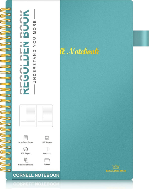 Regolden-Book Cornell Notes Notebook, Study Note Taking System, Spiral Notebooks, College Ruled Steno Pads for School