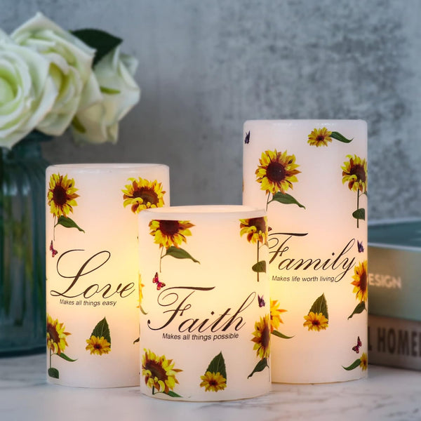 Sunflower Flameless Flickering Candles with 6H Timer, Set of 3 Battery Operated