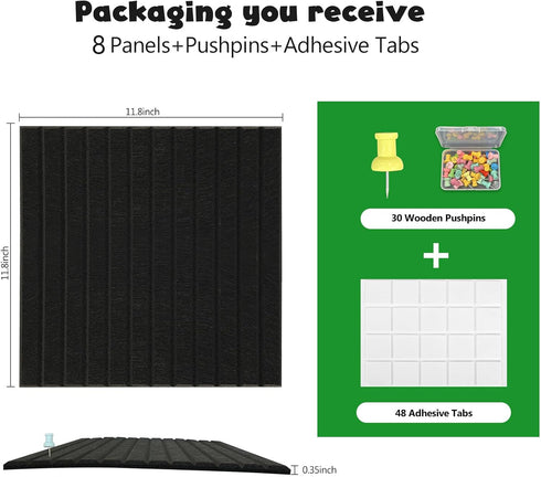 Large Cork Board for Office Wall Decor, 8 Pack Felt Wall Tiles with Slat Wall Paneling & Push Pins