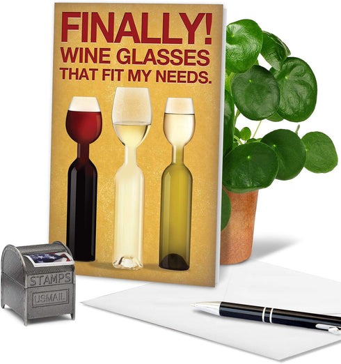 NobleWorks Funny Happy Birthday Card with Envelope - Colorful Humor Greeting Note, Wine Glass Needs 9978