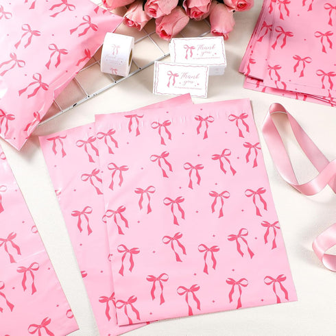 Maasechs 200 Pack 10x13 Set Set Pink Bow Poly Mailers Waterproof Self Adhesive Cute Shipping Bags with Thank Cards