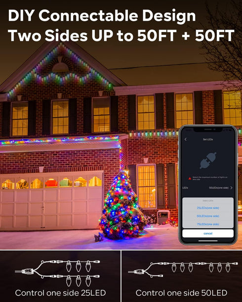 C9 33Ft 50 Dynamic Christmas Lights Outdoor, LED Smart RGB, APP Remote Controlled, Connectable Waterproof Music Xmas