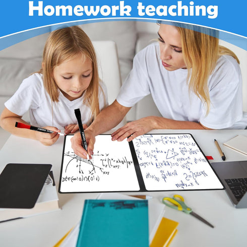 Double-Sided Whiteboard - Portable 12" x 9" Dry Erase Boards with 3 Markers, Eraser, and Red Elastic Pen Tray