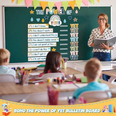 Boho The Power of Yet Classroom Bulletin Board Decoration, Rainbow Motivational Growth Mindset Cutouts for School