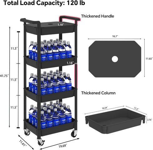 4 STEEHOOM Tier Rolling Cart with Handle, Utility Cart with Table Top Easy Assembly Bathroom Storage Cart on Wheels