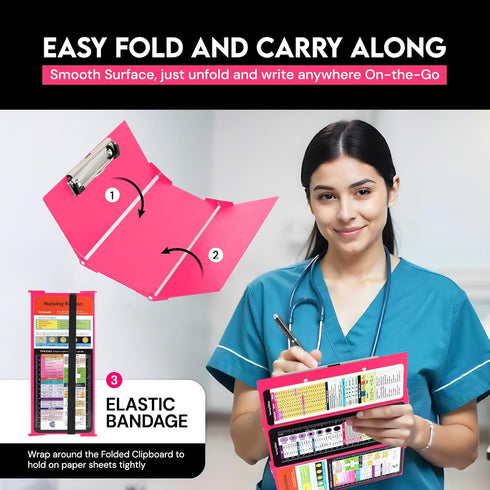 Nursing Clipboard Foldable with Medical Edition Cheat Sheets, 3 Layers Aluminum Clipboard for Nursing Students (Pink)