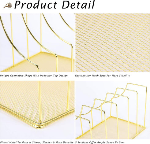 Simmer Stone File Sorter Organizer, 5 Section Magazine Holder Rack for Mail, Paper, Document, Desk Accessories, Gold
