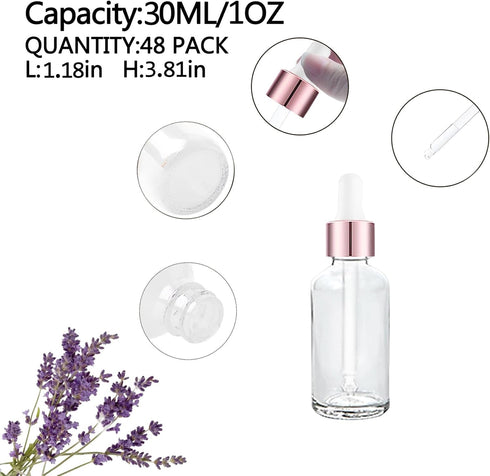 48 Pack 1oz Clear Glass Dropper Bottles, Eye Dropper Bottles with Glass Droppers for Essential Oils, 30ml