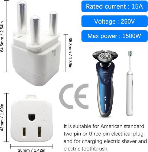 South Africa Travel Plug Adapter, 3 Prong Safe Grounded USA to Type M for Botswana, Nepal, Pakistan, Namibia, White