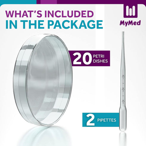 Pack of 20 Sterile Petri Dishes with Lids (90 x 15 mm), 2ml Plastic Pipettes for Lab Analysis