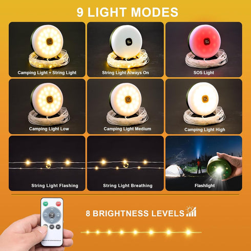 4 1 33FT 9 Camping String Lights, in Quick Storage Rechargeable Tent Lights with Lighting Modes, Hanging Waterproof