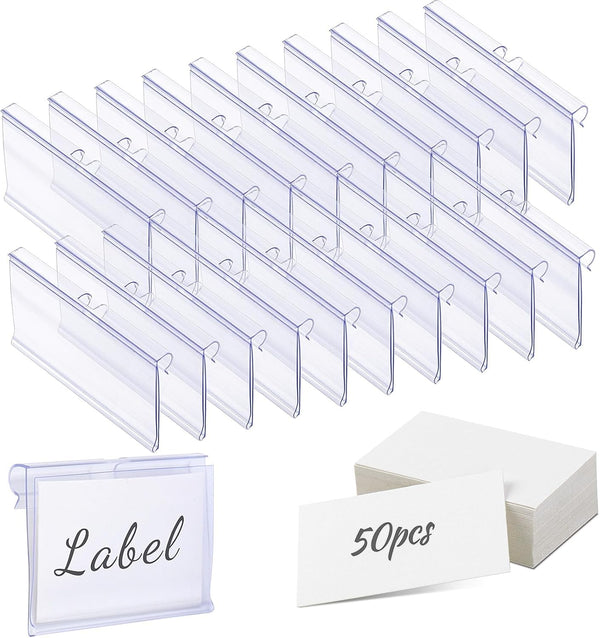Meetory 50 PCS Clear Plastic Label Holders for Wire Shelf, Clip On Labels for Storage Bins and Merchandise Display