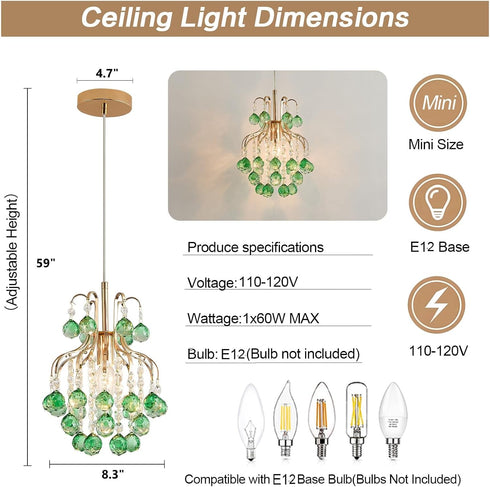 Stylish Mini Crystal Chandelier with Golden Finish and Green Shade