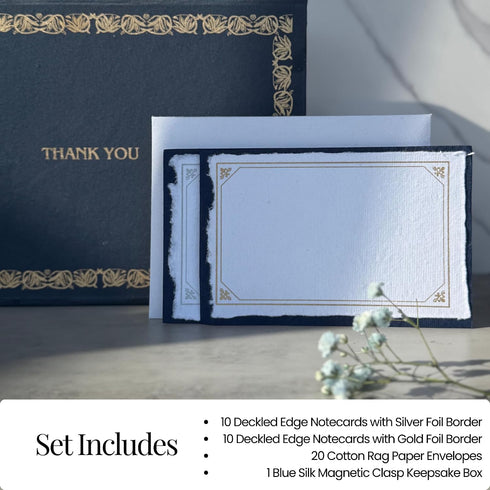 Boxed Thank You cards with Envelopes - Handmade Deckled Edge Cotton Rag Paper, Gold and Silver Foil Blank Note Cards